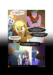 Size: 3541x5016 | Tagged: safe, artist:gashiboka, applejack, pinkie pie, rainbow dash, spike, twilight sparkle, alicorn, dragon, earth pony, pegasus, pony, comic:recall the time of no return, g4, applejack's hat, comic, cowboy hat, hat, older, older spike, patreon, patreon logo, twilight sparkle (alicorn)