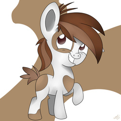 Size: 1024x1024 | Tagged: safe, artist:theartistsora, pipsqueak, earth pony, g4, abstract background, colt, foal, grin, lifted leg, looking up, male, raised hoof, smiling, solo