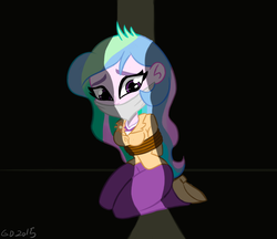 Size: 960x830 | Tagged: safe, artist:gaggeddude32, princess celestia, principal celestia, human, equestria girls, g4, bondage, breasts, cloth gag, clothes, female, gag, hands behind back, jackpot, kidnapped, ropes, signature, solo, wrapped up