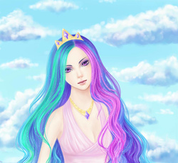 Size: 800x736 | Tagged: safe, artist:aluvian-art, princess celestia, human, g4, cloud, female, head tilt, humanized, jewelry, light skin, long hair, looking at you, necklace, outdoors, sky background, solo, sparkly hair