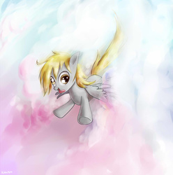 Size: 1000x1008 | Tagged: safe, artist:rikkutakedo, derpy hooves, pony, g4, cloud, female, flying, silly, silly pony, solo, tongue out