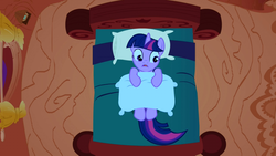 Size: 1280x720 | Tagged: safe, screencap, twilight sparkle, friendship is magic, g4, bed, female, golden oaks library, holding, lying down, night, on back, pillow, sad, solo, upset