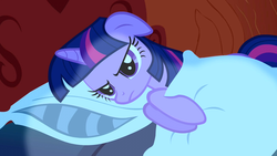 Size: 1280x720 | Tagged: safe, screencap, twilight sparkle, pony, unicorn, friendship is magic, g4, angry, bed, female, floppy ears, grumpy, grumpy twilight, holding, lying down, moonlight, night, on side, pillow, solo, twilight sparkle is not amused, unamused, unicorn twilight, upset