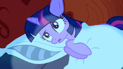 Size: 1280x720 | Tagged: safe, screencap, twilight sparkle, friendship is magic, g4, bed, female, floppy ears, holding, lying down, moonlight, night, on side, pillow, sad, scared, solo