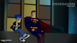 Size: 1600x899 | Tagged: safe, artist:jucamovi1992, flash sentry, equestria girls, g4, clothes, crossover, dcau, drama, flash sentry drama, hate, humanized, male, rocker, shoes, sneakers, superhero, superman, superman the animated series