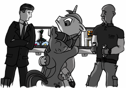 Size: 500x350 | Tagged: safe, artist:dantheman, queen chrysalis, shining armor, twilight sparkle, oc, alicorn, human, pony, fanfic:chrysalis visits the hague, g4, black and white, camera, cell, chapter image, clothes, coffee, fanfic, fanfic art, female, fimfiction, fimfiction.net link, food, grayscale, hug, lawyer, mare, monochrome, necktie, pony on earth, prison, prison guard, prisoner, security officer, suit, suitcase, television, twilight sparkle (alicorn), uneasy, waiting, warden