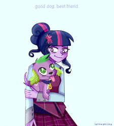 Size: 648x720 | Tagged: safe, artist:lelka-philka, sci-twi, spike, spike the regular dog, twilight sparkle, dog, equestria girls, g4, my little pony equestria girls: friendship games, clothes, crystal prep academy uniform, duo, female, holding a dog, homestuck, male, missing accessory, school uniform, simple background, text