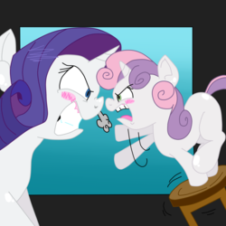 Size: 1000x1000 | Tagged: safe, artist:krazykari, artist:purple-yoshi-draws, rarity, sweetie belle, g4, sisterhooves social, angry, fight, marshmelodrama