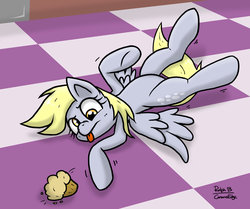 Size: 2115x1770 | Tagged: safe, artist:corsairsedge, derpy hooves, pony, g4, behaving like a cat, female, food, muffin, on back, silly, silly pony, solo, tongue out