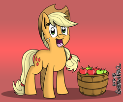 Size: 3790x3125 | Tagged: safe, artist:gretsch1962, applejack, g4, :d, apple, bucket, female, food, high res, open mouth, smiling, solo