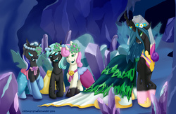 Size: 900x586 | Tagged: safe, artist:inktwistfudge, lyra heartstrings, minuette, queen chrysalis, twinkleshine, changeling, changeling queen, pony, unicorn, g4, bridesmaid, bridesmaid dress, clothes, disguise, disguised changeling, dress, fake cadance, female