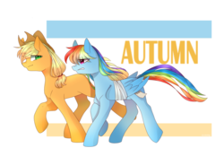 Size: 1024x715 | Tagged: safe, artist:snowillusory, applejack, rainbow dash, g4, autumn, bandage, bound wings, running of the leaves