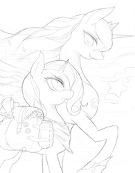 Size: 935x1200 | Tagged: safe, artist:girlsay, princess luna, trixie, pony, unicorn, g4, female, grayscale, mare, monochrome