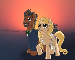 Size: 912x732 | Tagged: safe, artist:owlity, taralicious, oc, oc:professor lancie, pony, unicorn, bowtie, clothes, dress, john de lancie, ponified, smiling, sunset, tara strong