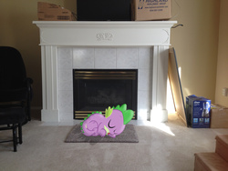 Size: 3264x2448 | Tagged: safe, artist:kasarin-desu, artist:mr-kennedy92, spike, g4, boxes, chair, fireplace, high res, irl, photo, sleeping, television, vector