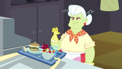 Size: 1920x1080 | Tagged: safe, screencap, fluttershy, granny smith, equestria girls, g4, my little pony equestria girls, apple, female, food, fruit salad, lunchlady smith, salad