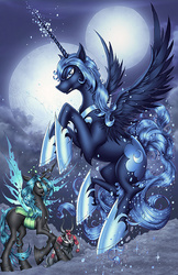 Size: 400x618 | Tagged: safe, artist:jamie tyndall, artist:tracy wong, idw, lord tirek, nightmare moon, queen chrysalis, alicorn, centaur, changeling, changeling queen, pony, fiendship is magic #1, g4, my little pony: fiendship is magic, antagonist, cover, cover art, fanexpo, female, flying, full moon, hoof shoes, horn, male, mare, moon, princess shoes, raised hoof, rearing, spread wings, tail, trio, wings