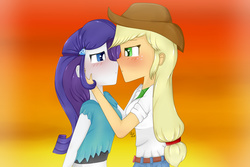 Size: 1680x1120 | Tagged: safe, artist:rmariansj, applejack, rarity, equestria girls, g4, blushing, clothes, cowboy hat, denim skirt, female, hat, lesbian, midriff, ship:rarijack, shipping, skirt, stetson