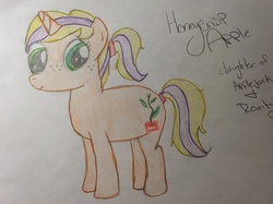 Size: 698x523 | Tagged: safe, artist:rushingautumnleaves, oc, oc only, oc:honeycrisp apple, freckles, magical lesbian spawn, offspring, parent:applejack, parent:rarity, parents:rarijack, solo, traditional art