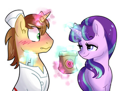 Size: 3900x2860 | Tagged: safe, artist:dreamscapevalley, donut joe, starlight glimmer, pony, unicorn, g4, bag, bedroom eyes, blushing, card, crack shipping, donut, female, food, high res, male, milestone, paper bag, shipping, starjoe, story included, straight