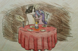 Size: 1024x668 | Tagged: safe, artist:fullmetalvocaloid, starlight glimmer, oc, oc:otto cratic, g4, blushing, candle, canon x oc, chopsticks, cocktail, date, food, glass, plate, shipping, sushi, table, tablecloth, traditional art