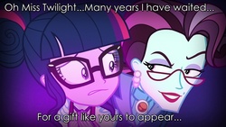 Size: 1280x720 | Tagged: safe, edit, principal abacus cinch, sci-twi, twilight sparkle, equestria girls, g4, my little pony equestria girls: friendship games, bad touch, evil smile, grin, hand on shoulder, image macro, lyrics, madam morrible, meme, musical, personal space invasion, principal and student, smiling, stranger danger, uncomfortable, wicked
