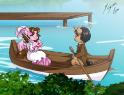 Size: 2786x2153 | Tagged: safe, artist:shinta-girl, oc, oc only, oc:shinta pony, pony, aaron pony, bipedal, high res, romantic, rowboat