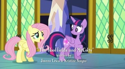 Size: 802x446 | Tagged: safe, screencap, fluttershy, twilight sparkle, alicorn, pegasus, pony, g4, the hooffields and mccolts, booty call, duo, female, glowing cutie mark, joanna lewis, kristine songco, mare, opening credits, raised hoof, twilight sparkle (alicorn)