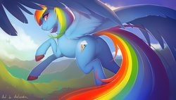 Size: 2500x1415 | Tagged: safe, artist:antiander, rainbow dash, pegasus, pony, g4, butt, cloud, colored hooves, commission, dock, featureless crotch, female, flying, large wings, looking at you, looking back, looking back at you, mare, mountain, plot, scenery, signature, sky, solo, wings