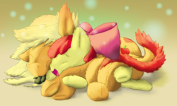 Size: 1280x770 | Tagged: safe, artist:firefanatic, apple bloom, applejack, monster pony, original species, tatzlpony, g4, cuddling, cute, fluffy, snuggling, species swap, tatzlbetes, tatzljack