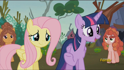 Size: 1920x1080 | Tagged: safe, screencap, fluttershy, tree h. hooffield, trowel hooffield, twilight sparkle, alicorn, earth pony, pegasus, pony, g4, the hooffields and mccolts, discovery family logo, hooffield family, lidded eyes, open mouth, raised hoof, smiling, twilight sparkle (alicorn)
