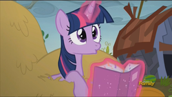 Size: 1920x1080 | Tagged: safe, screencap, twilight sparkle, alicorn, pony, g4, the hooffields and mccolts, book, discovery family logo, female, haystack, magic, mare, twilight sparkle (alicorn)