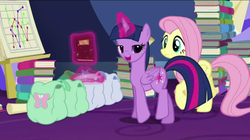Size: 856x480 | Tagged: safe, screencap, fluttershy, twilight sparkle, alicorn, pony, g4, the hooffields and mccolts, book, female, graph, magic, mare, saddle bag, twilight sparkle (alicorn)