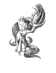 Size: 1700x2200 | Tagged: safe, artist:celestial-rainstorm, discord, fluttershy, g4, affection, cute, discute, eyes closed, female, male, monochrome, neck nuzzle, nuzzling, ship:discoshy, shipping, simple background, smiling, straight, traditional art, white background