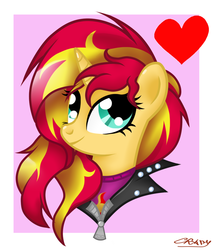 Size: 900x1050 | Tagged: safe, artist:sunsetcrady, sunset shimmer, pony, unicorn, equestria girls, g4, clothes, cute, equestria girls outfit, female, heart, leather jacket, shimmerbetes, signature, solo