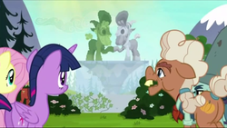 Size: 1911x1075 | Tagged: safe, screencap, big daddy mccolt, fluttershy, grub hooffield, ma hooffield, piles mccolt, twilight sparkle, alicorn, earth pony, pony, g4, the hooffields and mccolts, bush, butt, clothes, female, fountain, hedge, hooffield family, ivy (plant), mare, mccolt family, plot, statue, statues, topiary, twilight sparkle (alicorn)