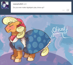 Size: 650x575 | Tagged: safe, artist:twilidramon, applejack, g4, ask, ask-rarijack, clothes, dress, tumblr