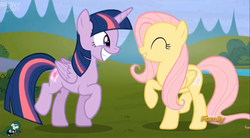 Size: 1276x704 | Tagged: safe, screencap, fluttershy, twilight sparkle, alicorn, pegasus, pony, g4, the hooffields and mccolts, booty call, cute, discovery family logo, duo, female, folded wings, glowing cutie mark, happy, mare, raised hoof, shyabetes, smiling, twiabetes, twilight sparkle (alicorn), wings