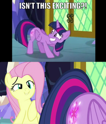 Size: 812x955 | Tagged: safe, edit, edited screencap, screencap, fluttershy, twilight sparkle, alicorn, pony, g4, the hooffields and mccolts, bedroom eyes, booty call, caption, context is for the weak, duo, eyes on the prize, female, glowing cutie mark, image macro, innuendo, lesbian, look at my butt, looking at butt, mare, meme, out of context, ship:twishy, shipping, shipping fuel, twilight sparkle (alicorn)