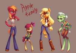 Size: 6591x4613 | Tagged: safe, artist:holivi, apple bloom, applejack, big macintosh, granny smith, earth pony, anthro, g4, absurd resolution, apple family, apple siblings, apple sisters, brother and sister, cottagecore, female, filly, foal, male, mare, puffy sleeves, siblings, simple background, sisters, stallion