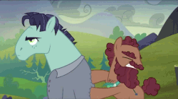 Size: 854x478 | Tagged: safe, screencap, gravedigger hooffield, hammerhead mccolt, earth pony, pony, g4, the hooffields and mccolts, animated, background pony, beard, duo, eyes closed, facial hair, feud, floppy ears, gritted teeth, hammerhead mccolt is not amused, hooffield family, male, mccolt family, shove, stallion, strong, unamused