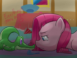Size: 3333x2500 | Tagged: safe, artist:mrw32, gummy, pinkie pie, pony, g4, cute, duo, female, gummybetes, looking at each other, mare, party, pinkamena diane pie, prone, sad