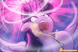 Size: 1125x750 | Tagged: safe, artist:lumineko, twilight sparkle, alicorn, pony, g4, the hooffields and mccolts, angry, cream, female, glowing horn, horn, magic, mare, open mouth, patreon, patreon logo, scene interpretation, solo, spread wings, twilight sparkle (alicorn)