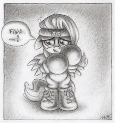 Size: 953x1021 | Tagged: safe, artist:deathcutlet, fluttershy, g4, boxing, boxing gloves, female, floppy ears, monochrome, solo, traditional art