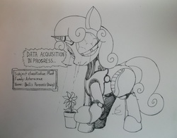 Size: 4108x3216 | Tagged: safe, artist:scribblepwn3, sweetie belle, pony, robot, robot pony, unicorn, g4, black and white, blank flank, female, filly, flower, foal, grayscale, hooves, horn, monochrome, pen drawing, scan, simple background, solo, sweetie bot, text, traditional art, white background