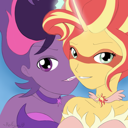 Size: 1280x1280 | Tagged: safe, artist:keifujimi, sci-twi, sunset shimmer, twilight sparkle, equestria girls, g4, my little pony equestria girls: friendship games, close-up, daydream shimmer, female, lesbian, midnight sparkle, midnightdaydream, portrait, ship:sci-twishimmer, ship:sunsetsparkle, shipping, simple background