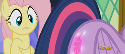 Size: 1229x534 | Tagged: safe, screencap, fluttershy, twilight sparkle, pegasus, pony, g4, the hooffields and mccolts, booty call, discovery family logo, duo, eyes on the prize, female, glowing cutie mark, look at my butt, looking at butt, mare, out of context, twilight sparkle (alicorn)