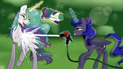 Size: 1902x1080 | Tagged: safe, artist:8bitamy, princess celestia, princess luna, alicorn, pony, g4, alternate hairstyle, cute, cutelestia, eyes closed, female, glowing, glowing horn, horn, hose, lunabetes, magic, mare, open mouth, playing, ponytail, royal sisters, siblings, sillestia, sisters, smiling, telekinesis, water, watergun, wet, wet mane, wings