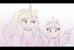 Size: 2186x1480 | Tagged: safe, artist:8bitamy, princess celestia, twilight sparkle, alicorn, pony, g4, female, lineart, mare, monochrome, twilight sparkle (alicorn), wingboner, wip