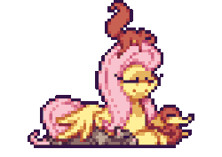 Size: 288x204 | Tagged: safe, artist:mrponiator, fluttershy, mouse, pegasus, pony, squirrel, g4, the hooffields and mccolts, animal, animated, critters, female, pixel art, prone, season 5 pixel art, simple background, that was fast, transparent background